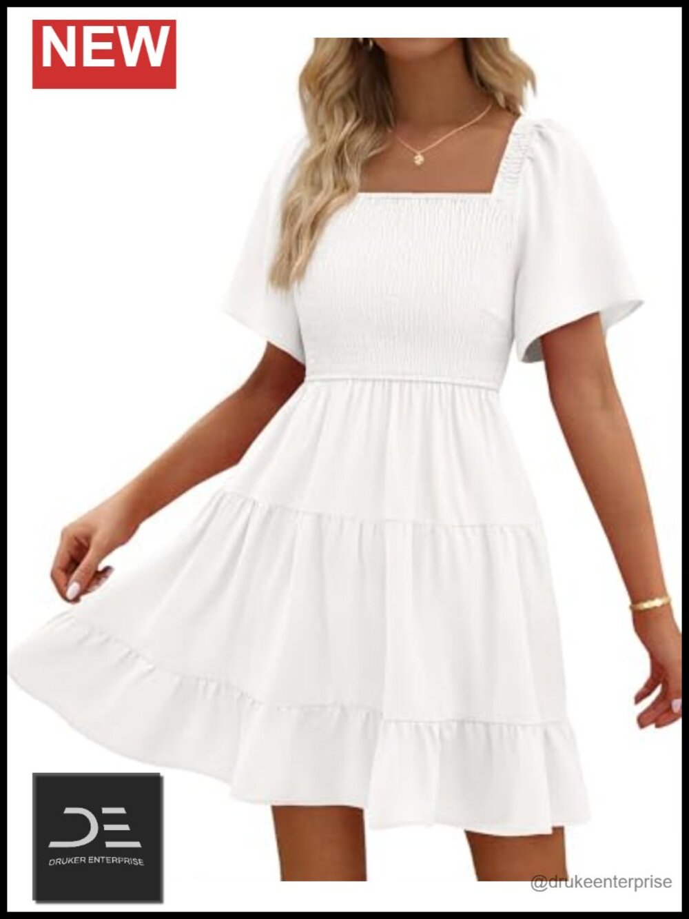 Women's Smocked Mini Dress Square Neck Flutter Short Sleeve Tiered Ruffle High